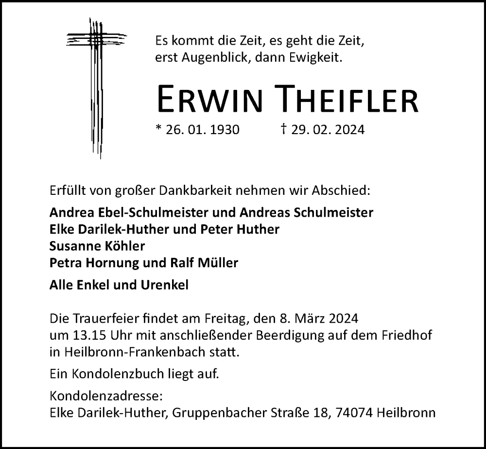  Traueranzeige für Erwin Theifler vom 02.03.2024 aus GESAMT
