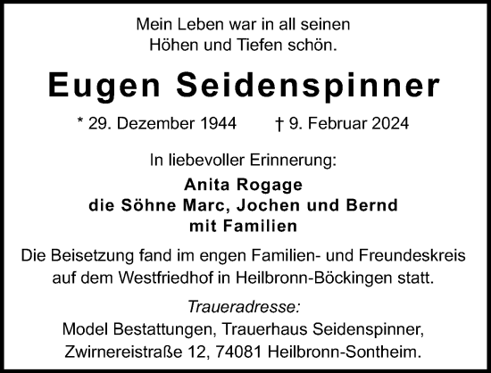 Traueranzeige von Eugen Seidenspinner von GESAMT