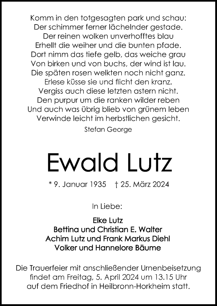  Traueranzeige für Ewald Lutz vom 30.03.2024 aus GESAMT