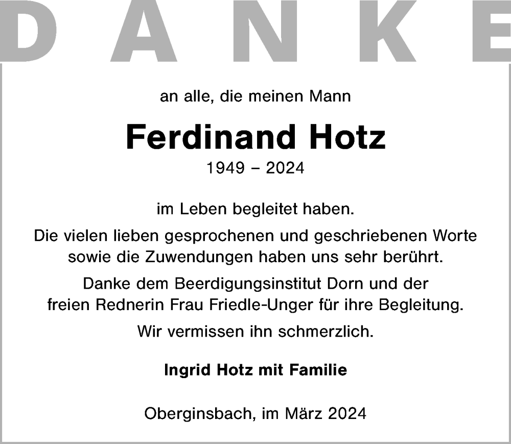  Traueranzeige für Ferdinand Hotz vom 02.03.2024 aus GESAMT