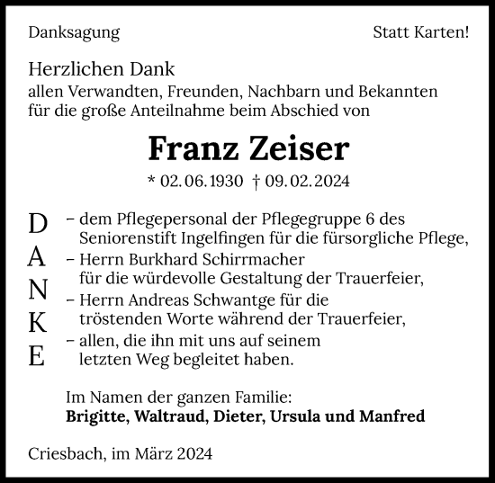 Traueranzeige von Franz Zeiser von GESAMT