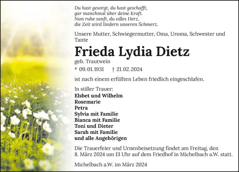  Traueranzeige für Frieda Lydia Dietz vom 02.03.2024 aus GESAMT