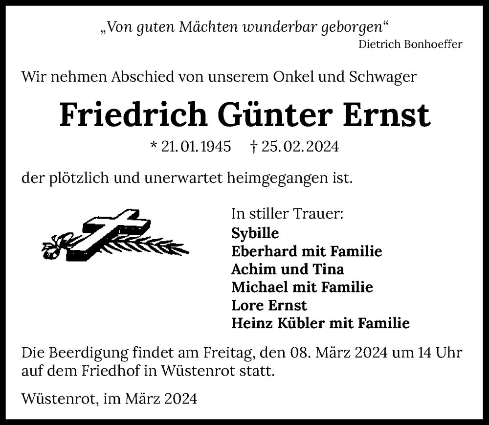  Traueranzeige für Friedrich Günter Ernst vom 05.03.2024 aus GESAMT