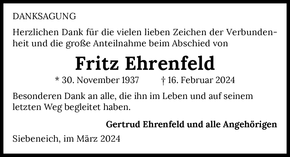  Traueranzeige für Fritz Ehrenfeld vom 16.03.2024 aus GESAMT