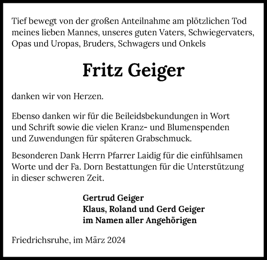 Traueranzeige von Fritz Geiger von GESAMT