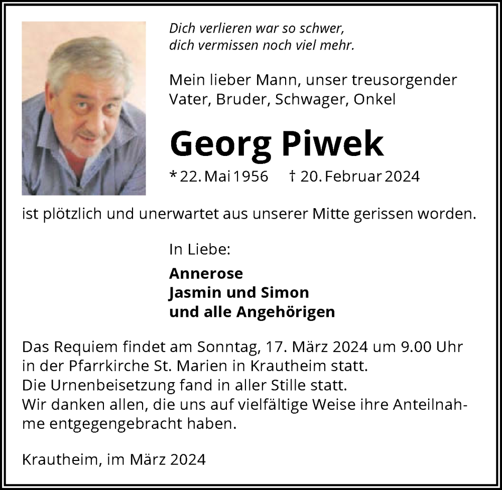  Traueranzeige für Georg Piwek vom 14.03.2024 aus GESAMT