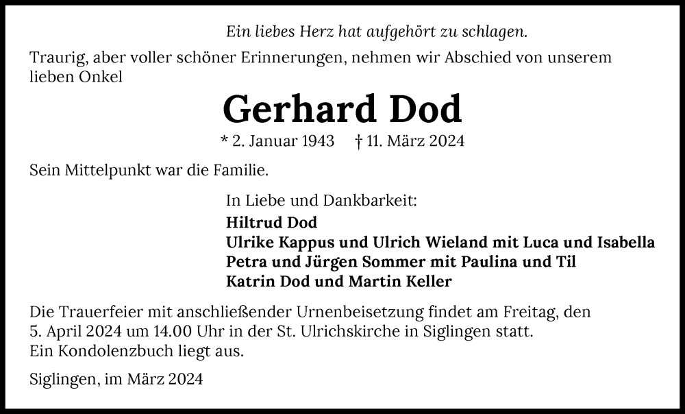  Traueranzeige für Gerhard Dod vom 30.03.2024 aus GESAMT
