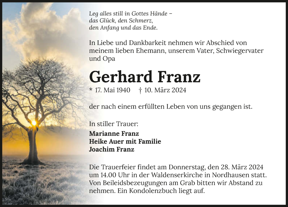  Traueranzeige für Gerhard Franz vom 23.03.2024 aus GESAMT