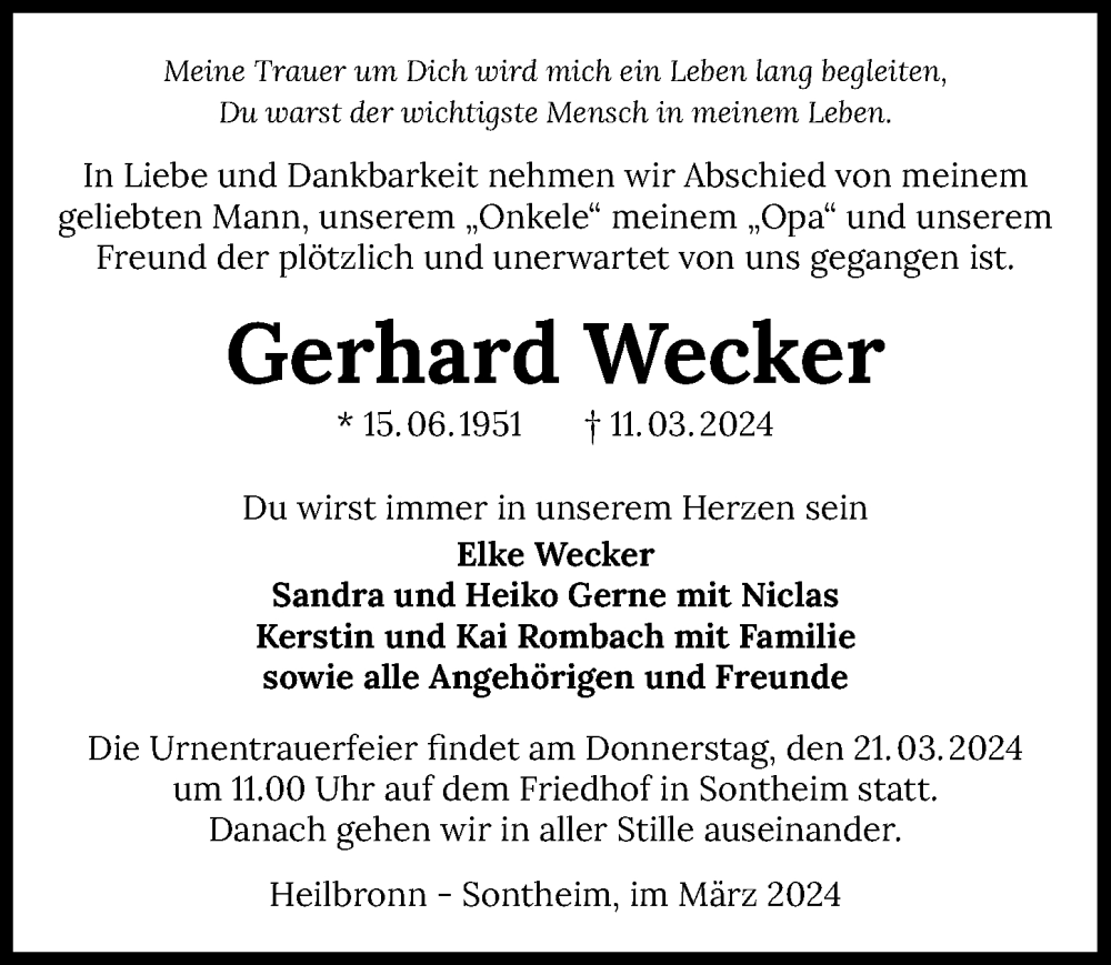  Traueranzeige für Gerhard Wecker vom 16.03.2024 aus GESAMT
