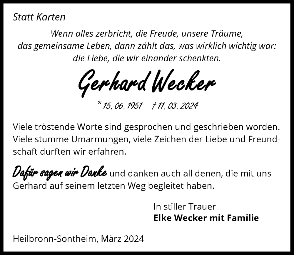 Traueranzeige für Gerhard Wecker vom 30.03.2024 aus GESAMT