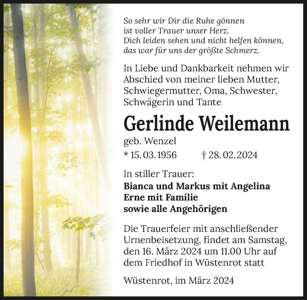  Traueranzeige für Gerlinde Weilemann vom 09.03.2024 aus GESAMT