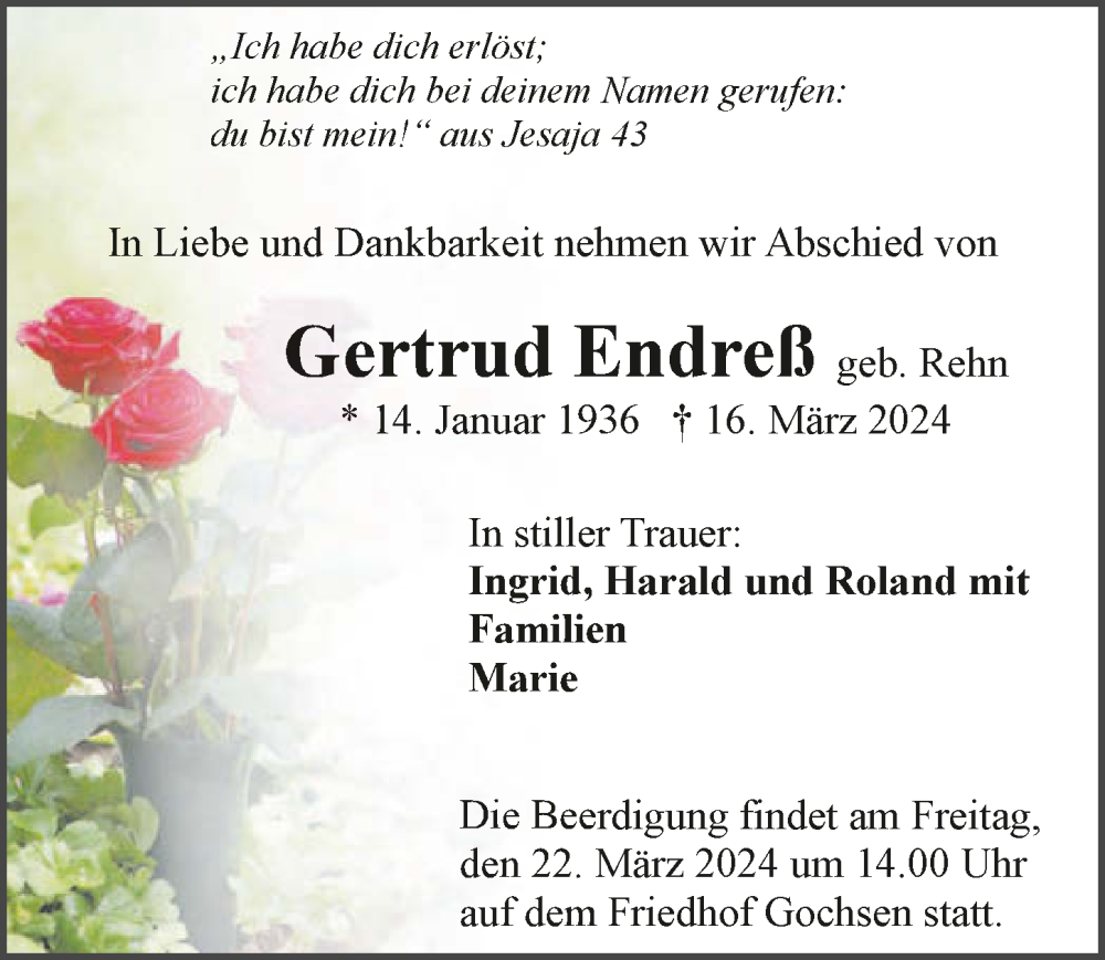  Traueranzeige für Gertrud Endreß vom 20.03.2024 aus GESAMT
