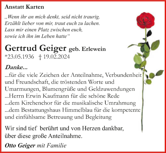 Traueranzeige von Gertrud Geiger von GESAMT