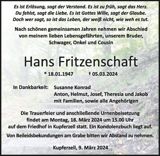 Traueranzeige von Hans Fritzenschaft von GESAMT