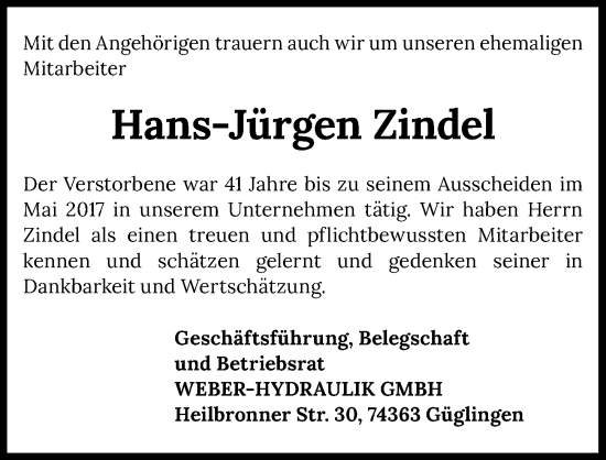 Traueranzeige von Hans-Jürgen Zindel von GESAMT