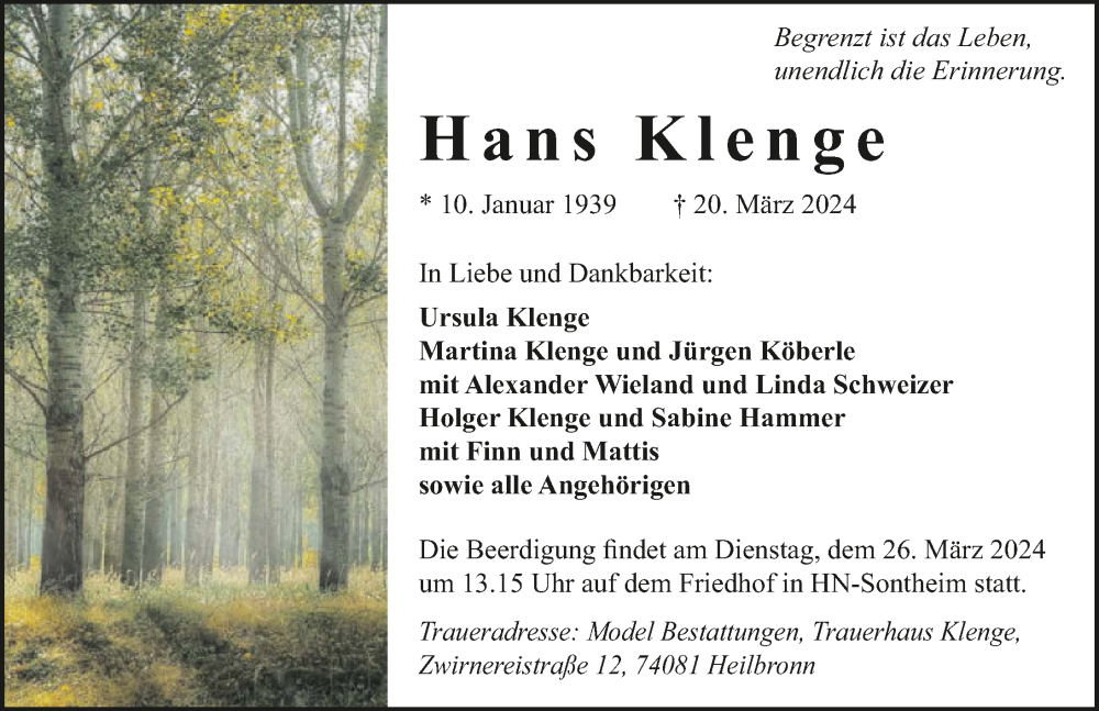  Traueranzeige für Hans Klenge vom 23.03.2024 aus GESAMT