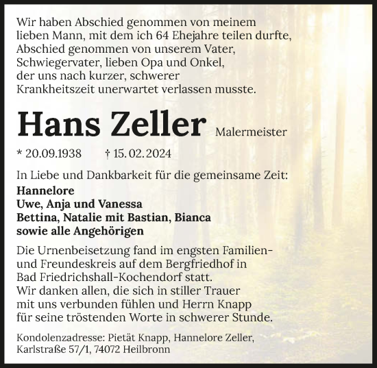 Traueranzeige von Hans Zeller von GESAMT