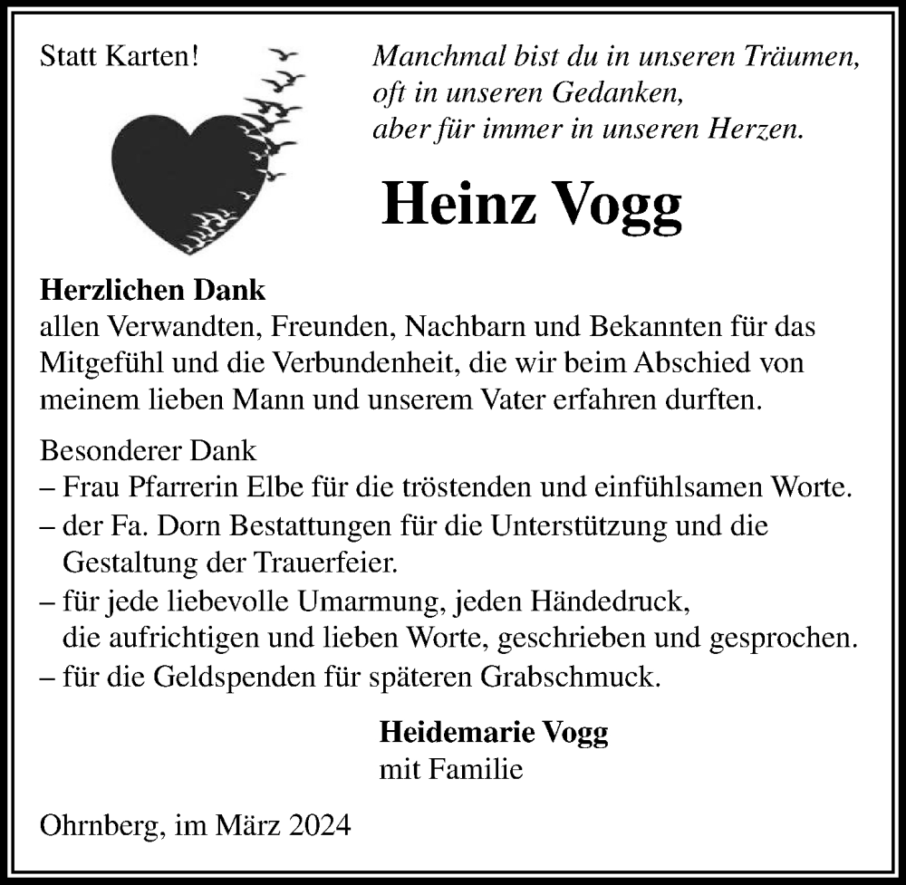  Traueranzeige für Heinz Vogg vom 13.03.2024 aus GESAMT