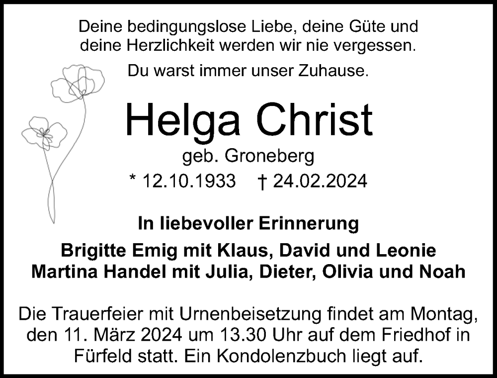  Traueranzeige für Helga Christ vom 06.03.2024 aus GESAMT
