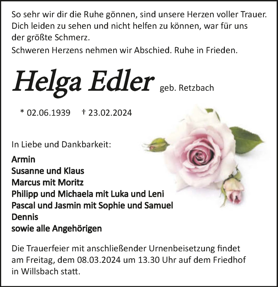  Traueranzeige für Helga Edler vom 02.03.2024 aus GESAMT
