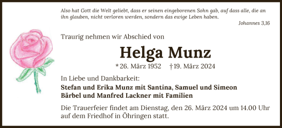 Traueranzeige von Helga Munz von GESAMT