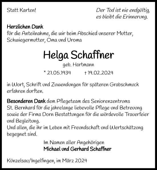 Traueranzeige von Helga Schaffner von GESAMT