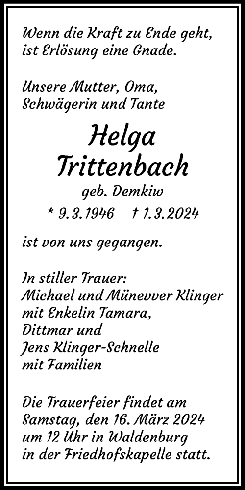  Traueranzeige für Helga Trittenbach vom 12.03.2024 aus GESAMT