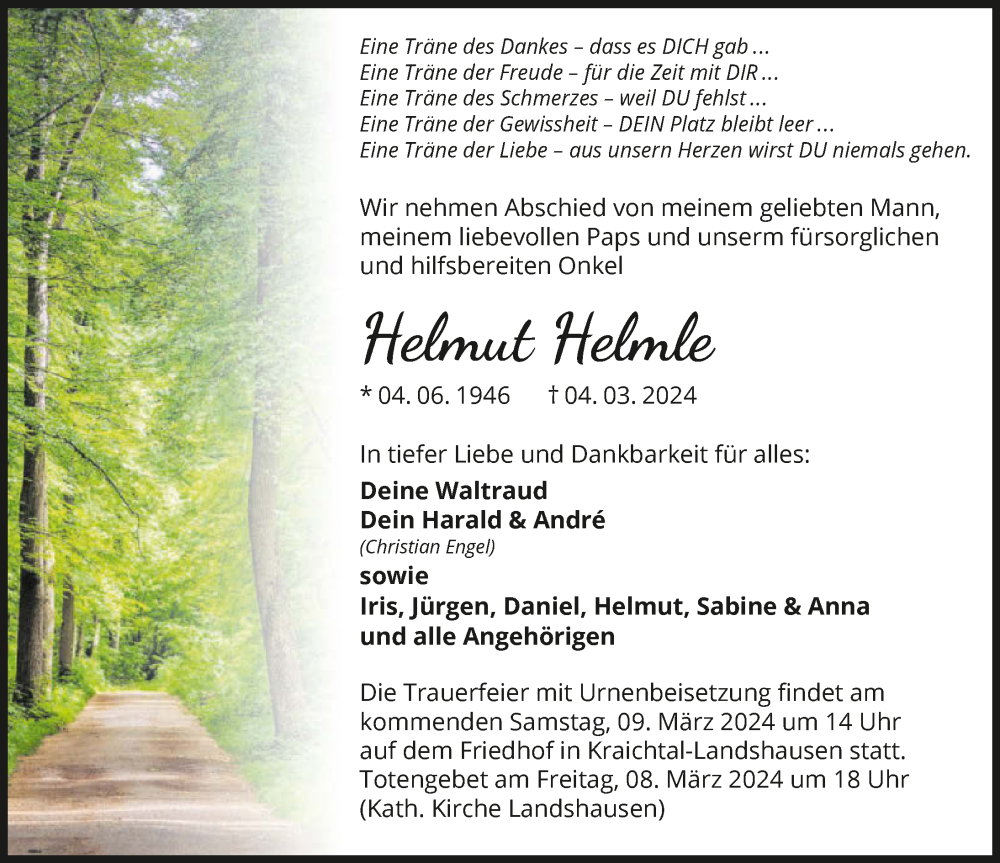  Traueranzeige für Helmut Helmle vom 07.03.2024 aus GESAMT