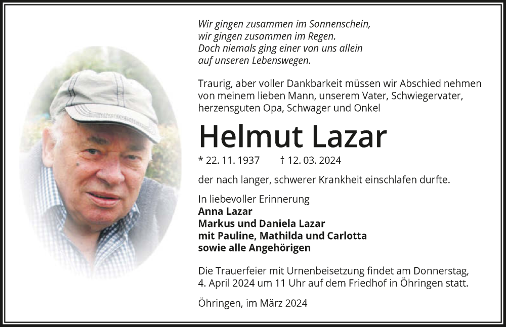  Traueranzeige für Helmut Lazar vom 30.03.2024 aus GESAMT