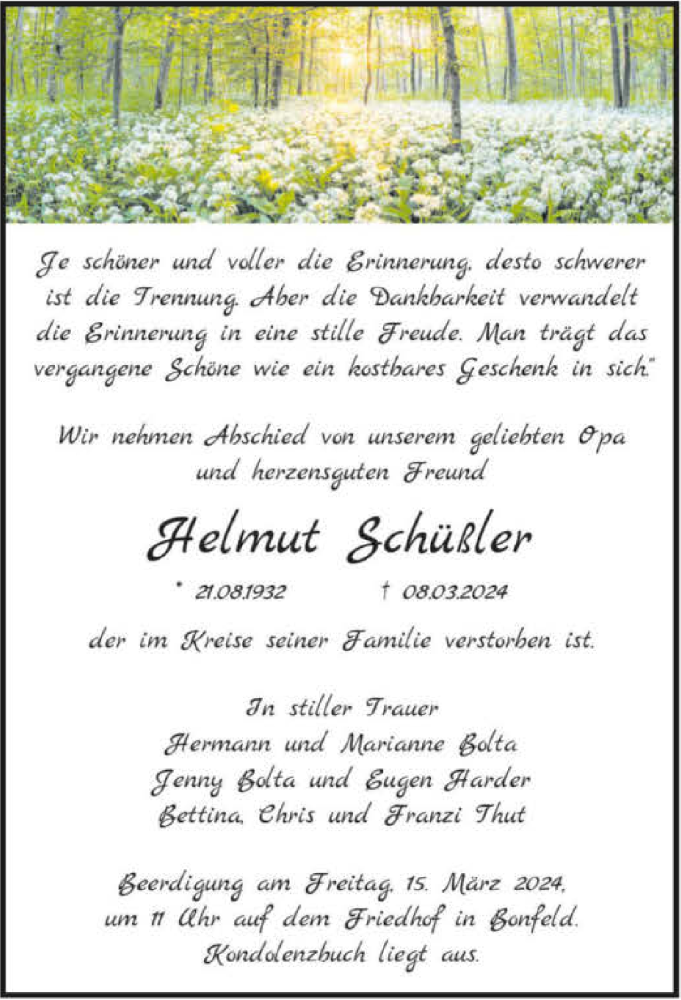  Traueranzeige für Helmut Schüßler vom 13.03.2024 aus GESAMT