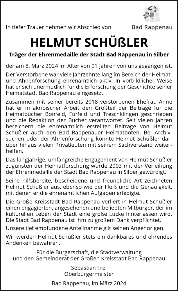  Traueranzeige für Helmut Schüßler vom 16.03.2024 aus GESAMT