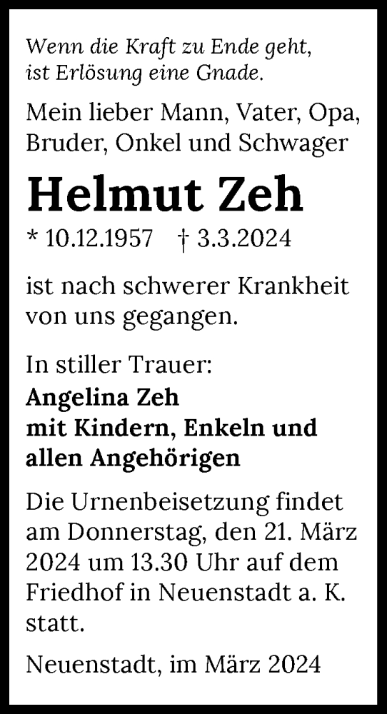  Traueranzeige für Helmut Zeh vom 19.03.2024 aus GESAMT