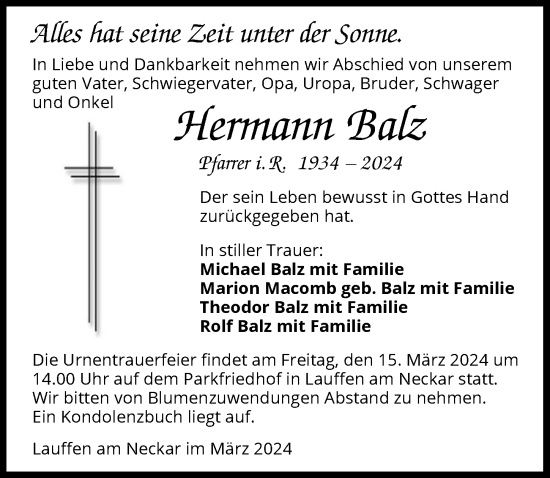 Traueranzeige von Hermann Balz von GESAMT