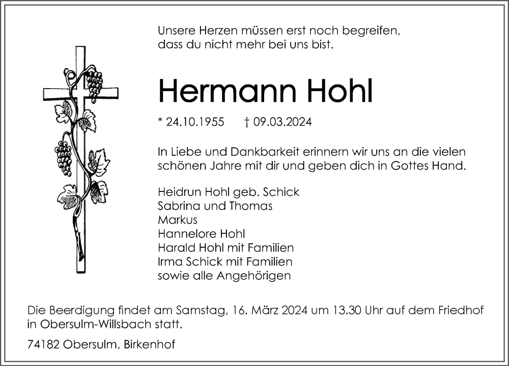  Traueranzeige für Hermann Hohl vom 13.03.2024 aus GESAMT