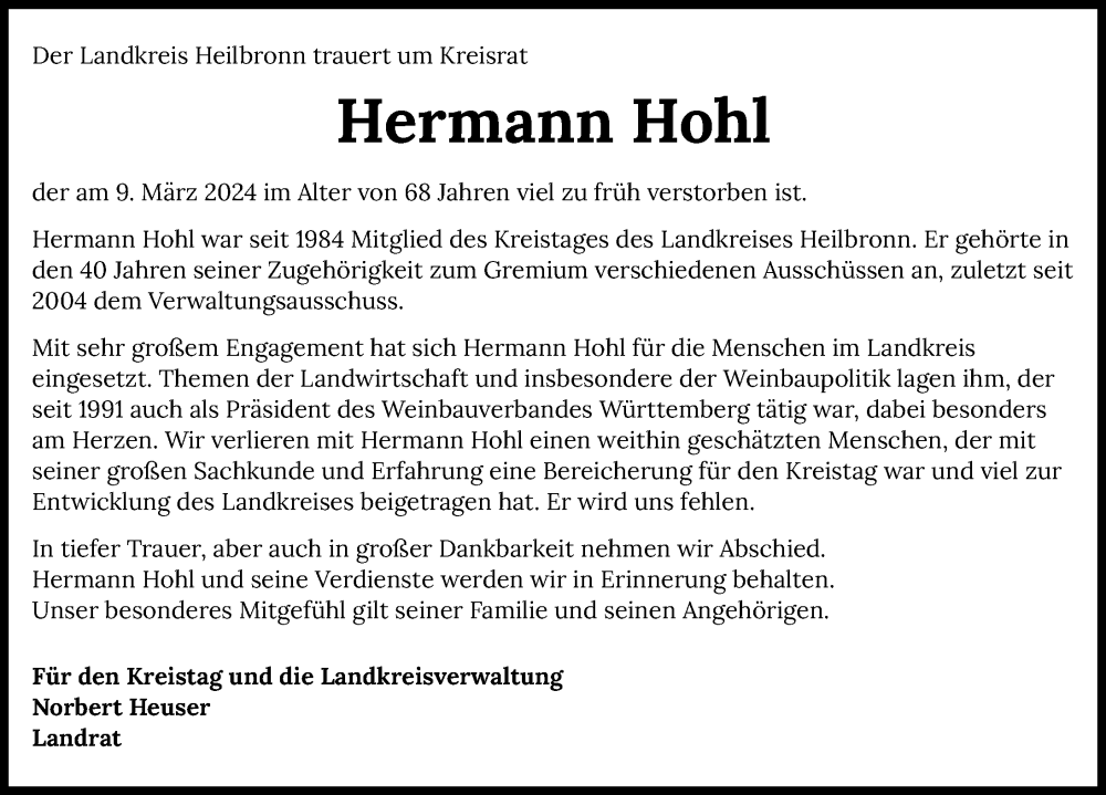  Traueranzeige für Hermann Hohl vom 13.03.2024 aus GESAMT