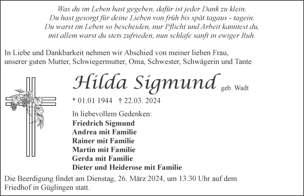  Traueranzeige für Hilda Sigmund vom 23.03.2024 aus GESAMT