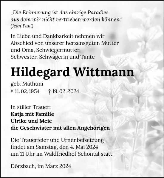 Traueranzeige von Hildegard Wittmann von GESAMT