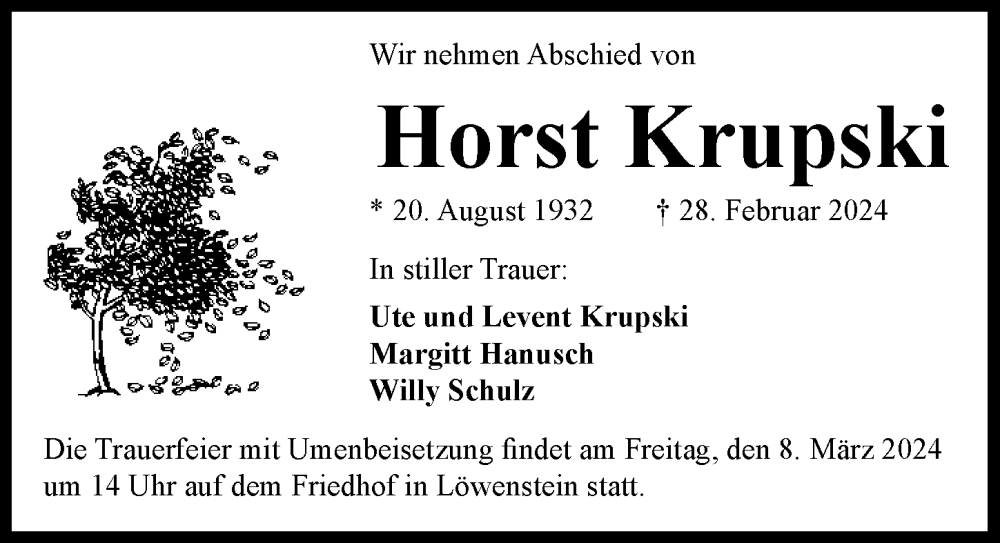  Traueranzeige für Horst Krupski vom 02.03.2024 aus GESAMT