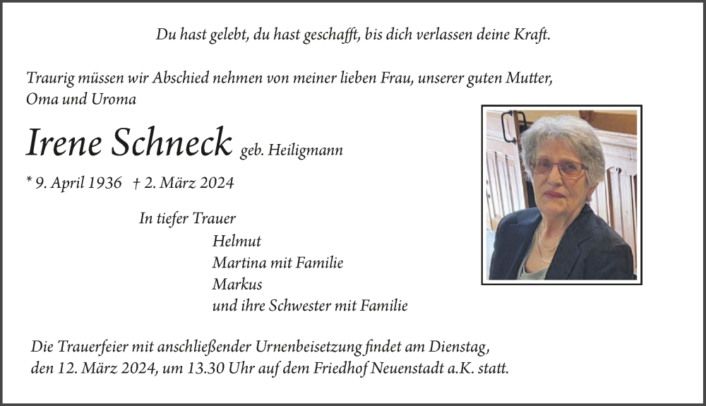  Traueranzeige für Irene Schneck vom 09.03.2024 aus GESAMT