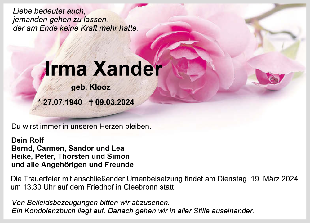  Traueranzeige für Irma Xander vom 14.03.2024 aus GESAMT