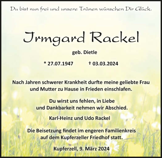 Traueranzeige von Irmgard Rackel von GESAMT