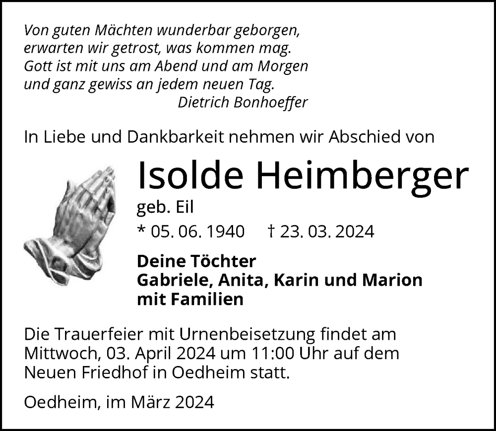  Traueranzeige für Isolde Heimberger vom 30.03.2024 aus GESAMT