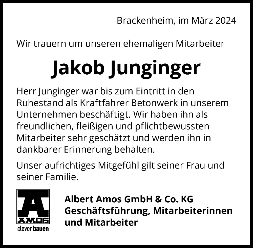  Traueranzeige für Jakob Junginger vom 08.03.2024 aus GESAMT