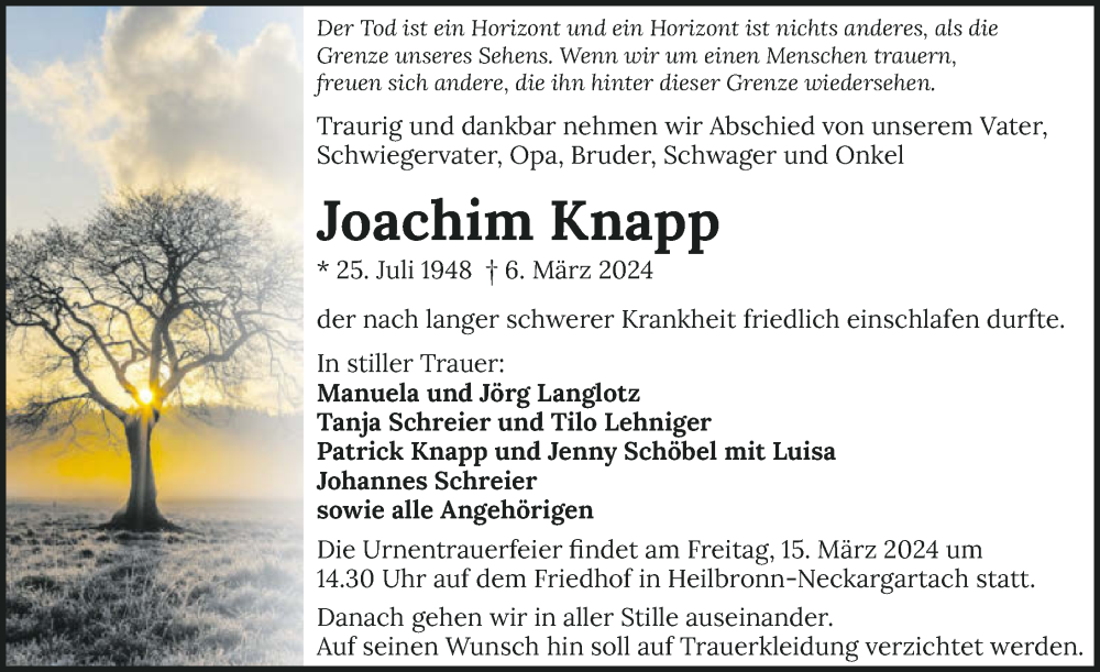  Traueranzeige für Joachim Knapp vom 09.03.2024 aus GESAMT