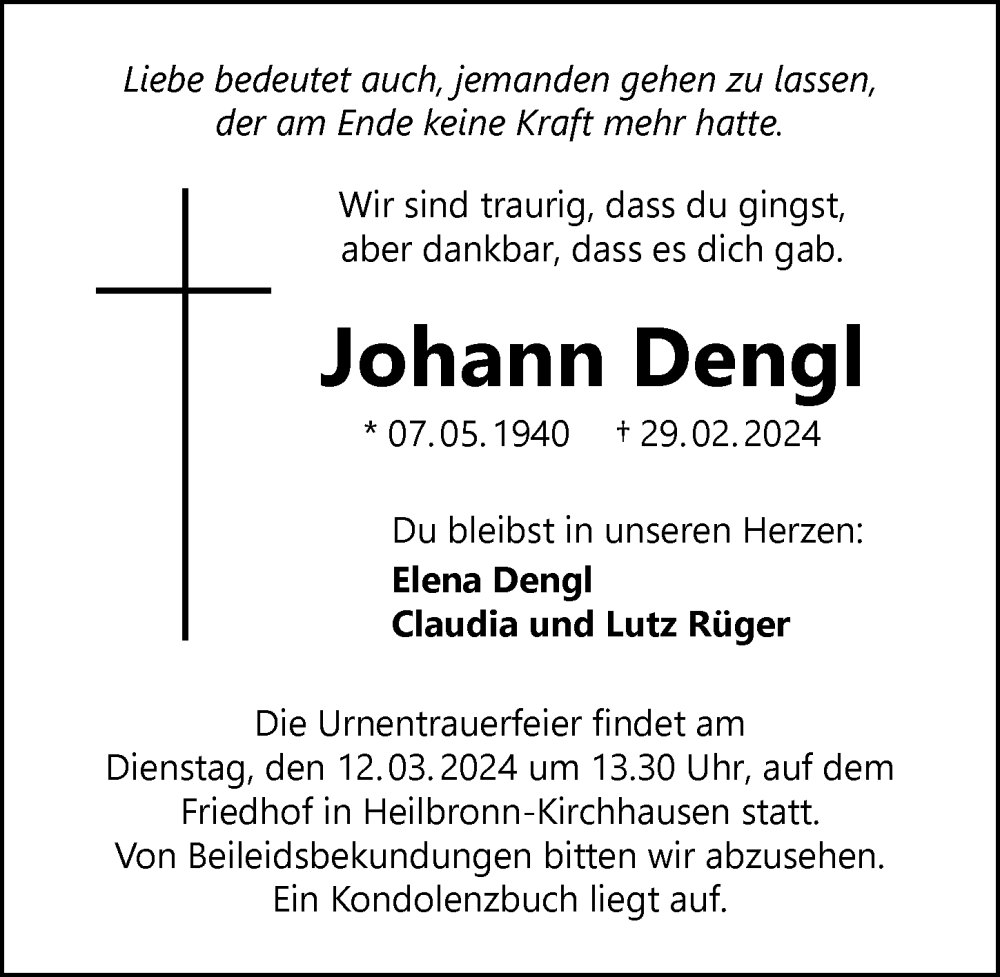  Traueranzeige für Johann Dengl vom 06.03.2024 aus GESAMT