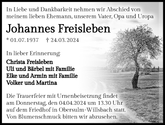 Traueranzeige von Johannes Freisleben von GESAMT