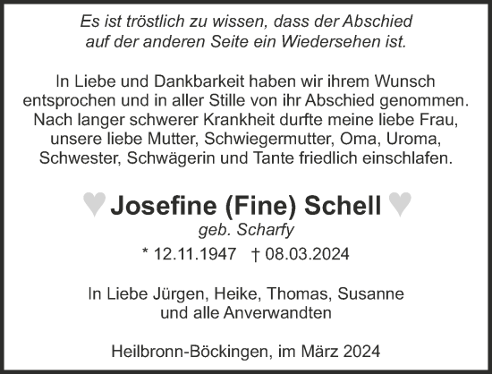 Traueranzeige von Josefine Schell von GESAMT