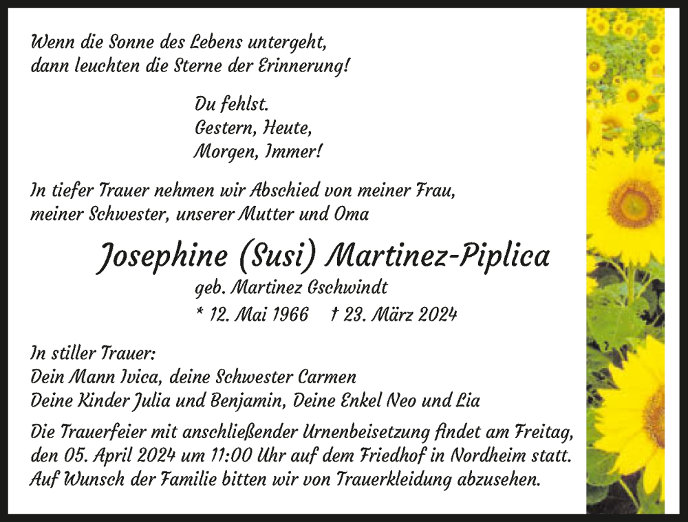 Traueranzeige für Josephine Martinez-Piplica vom 30.03.2024 aus GESAMT