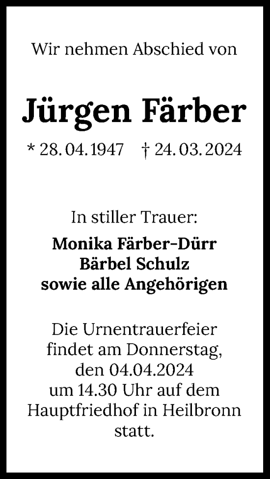 Traueranzeige von Jürgen Färber von GESAMT