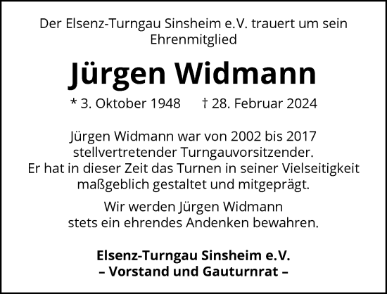 Traueranzeige von Jürgen Widmann von GESAMT
